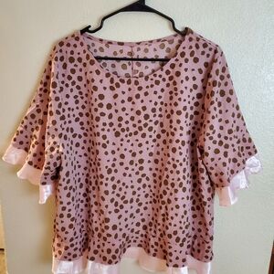 Shein 3X Plus Pink Polka Dot Ruffle Trim Chiffon Boho Blouse Top
